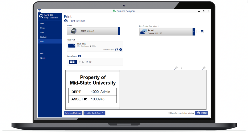 Una laptop ejecutando el software Brady Workstation. Está en una pantalla de opciones de impresión, y la interfaz es clara y sencilla.